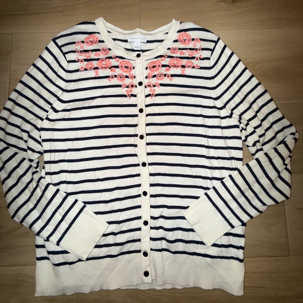 Charter Club Striped Floral Cardigan Women’s Size Large